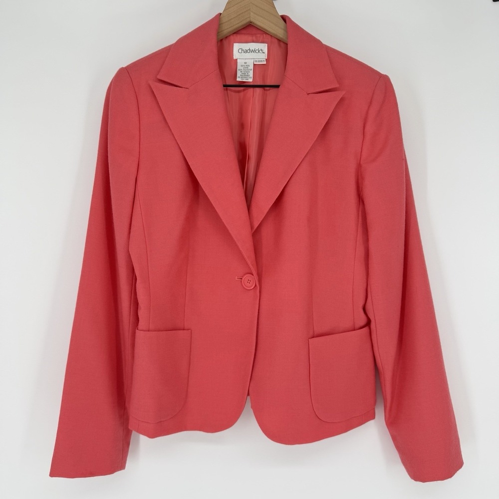 Chadwick's Wool‎ Blazer Size 10 Coral Pink 90s VTG Career Tailored Peak Lapel